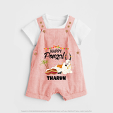 Happy Pongal - Little Bull Tamer Themed Customized Dungaree Set for Kids - PEACH - 0 - 5 Months Old (Chest 18")