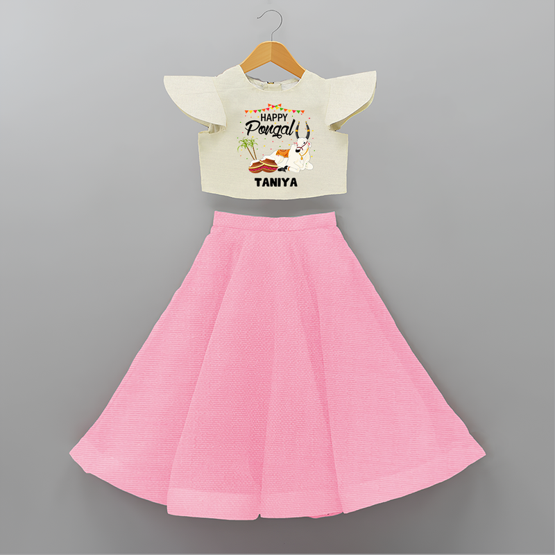 Happy Pongal - Little Bull Tamer Themed Customized Crop Top And Skirt for Kids - PINK - 6 - 9 Months Old (Chest 20" , Frock Waist 20")