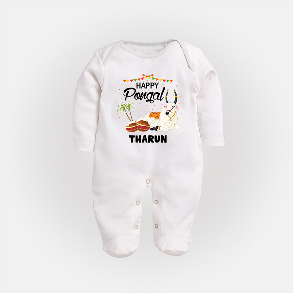 Happy Pongal - Little Bull Tamer Themed Customized Sleep Suit for Babies - WHITE - New Born (Chest 7.5")