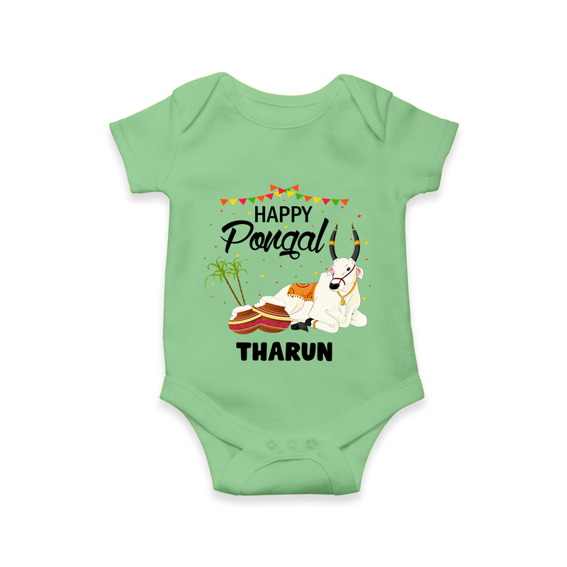 Happy Pongal - Little Bull Tamer Themed Customized Romper for Babies - GREEN - 0 - 3 Months Old (Chest 16")