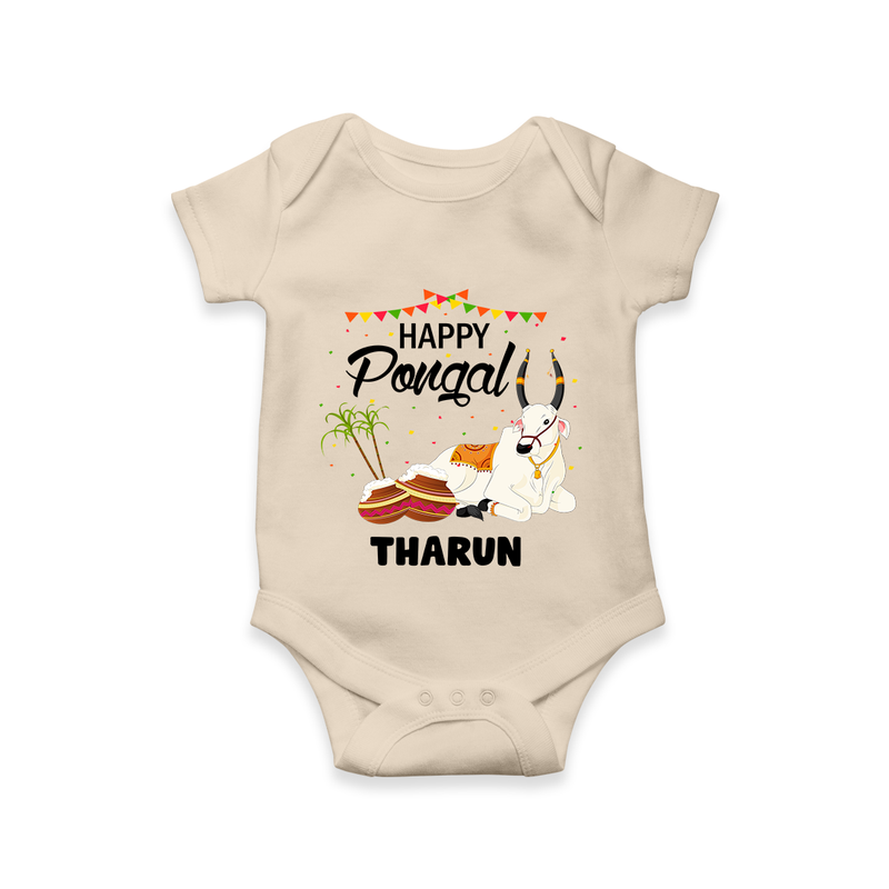 Happy Pongal - Little Bull Tamer Themed Customized Romper for Babies - IVORY - 0 - 3 Months Old (Chest 16")