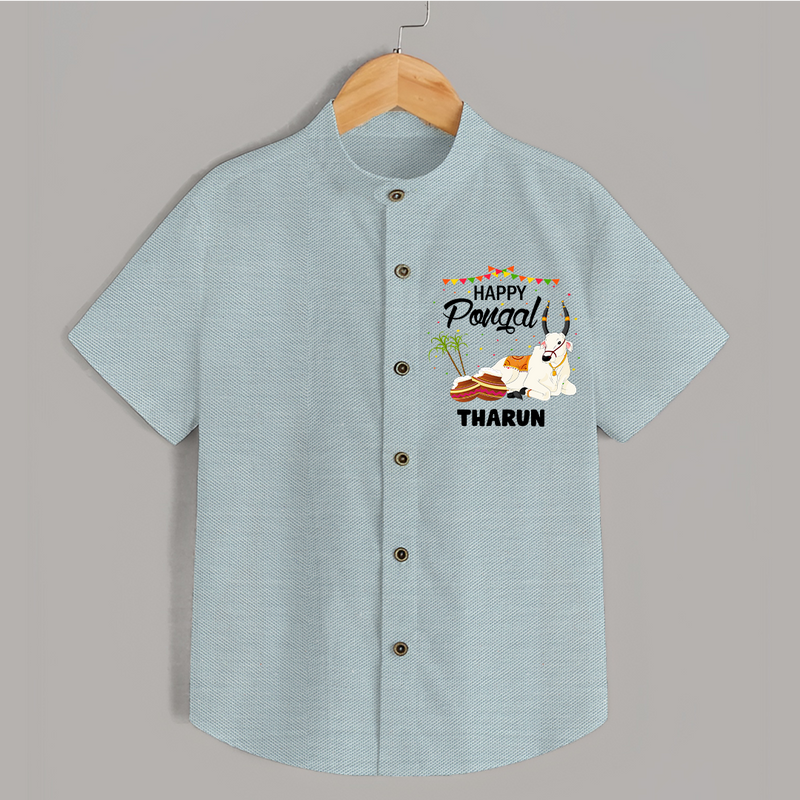 Happy Pongal - Little Bull Tamer Themed Customized Shirt for Kids - ARCTIC BLUE - 0 - 6 Months Old (Chest 23")