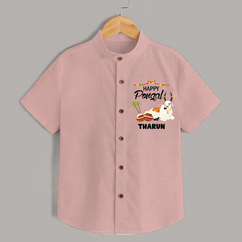 Happy Pongal - Little Bull Tamer Themed Customized Shirt for Kids - PEACH - 0 - 6 Months Old (Chest 23")