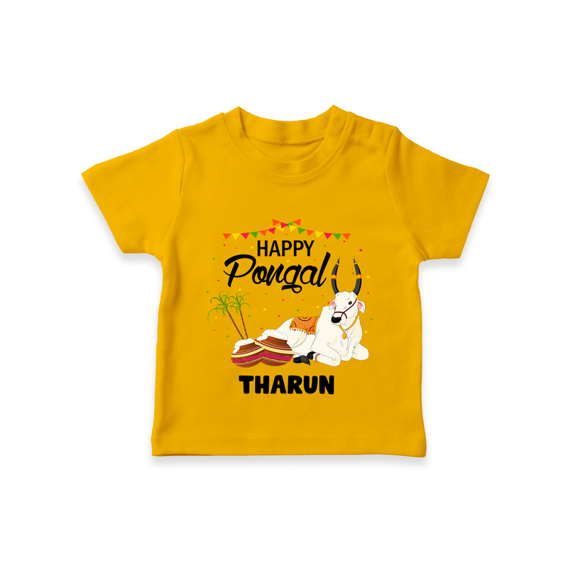 Happy Pongal - Little Bull Tamer Themed Customized T-Shirt for Kids - CHROME YELLOW - 0-5 Months Old (Chest 17")