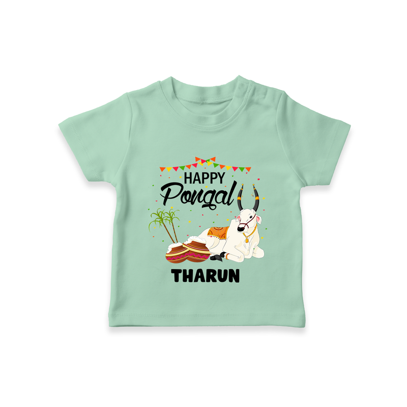 Happy Pongal - Little Bull Tamer Themed Customized T-Shirt for Kids - MINT GREEN - 0-5 Months Old (Chest 17")