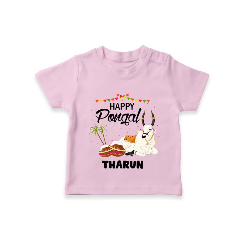 Happy Pongal - Little Bull Tamer Themed Customized T-Shirt for Kids - PINK - 0-5 Months Old (Chest 17")