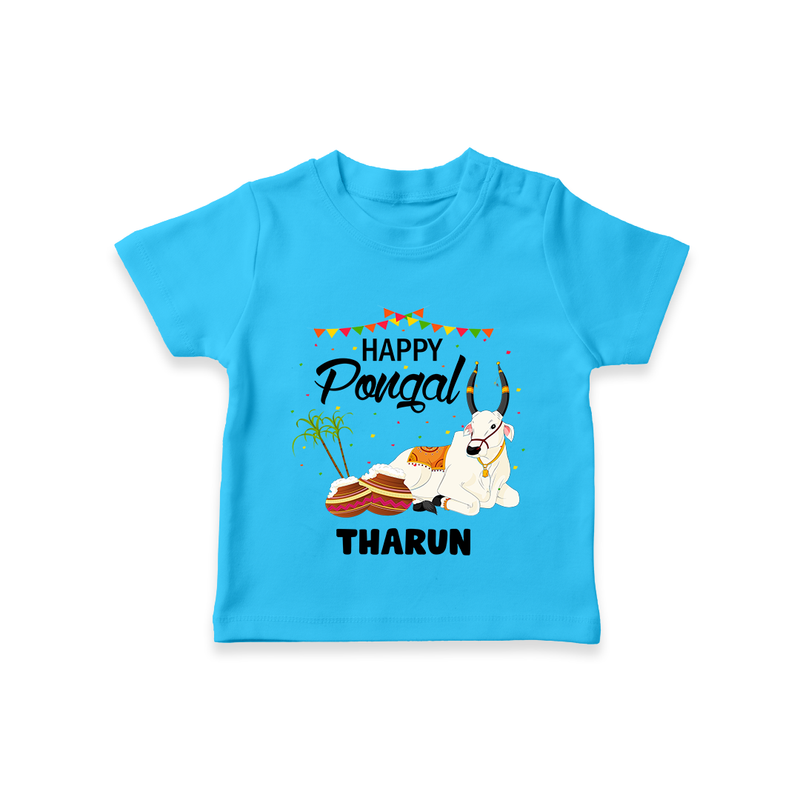 Happy Pongal - Little Bull Tamer Themed Customized T-Shirt for Kids - SKY BLUE - 0-5 Months Old (Chest 17")