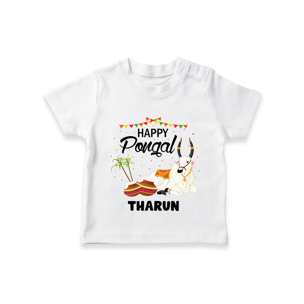 Happy Pongal - Little Bull Tamer Themed Customized T-Shirt for Kids - WHITE - 0-5 Months Old (Chest 17")