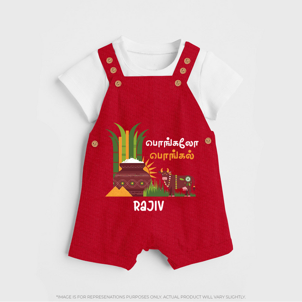 Pongaloo Pongal Tamil  – Custom Kids Dungaree  - RED - 0 - 5 Months Old (Chest 18")