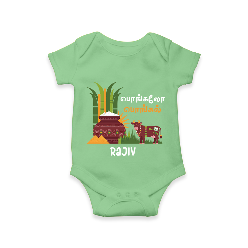 Pongalo Pongal - Moo and More Customized Romper for Babies with Name - GREEN - 0 - 3 Months Old (Chest 16")