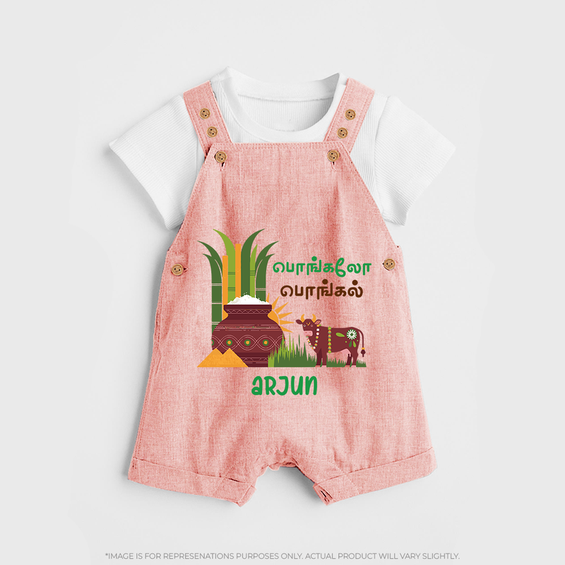 Pongalo Pongal - Moo and More Customized Dungaree Set for Kids with Name - PEACH - 0 - 5 Months Old (Chest 18")