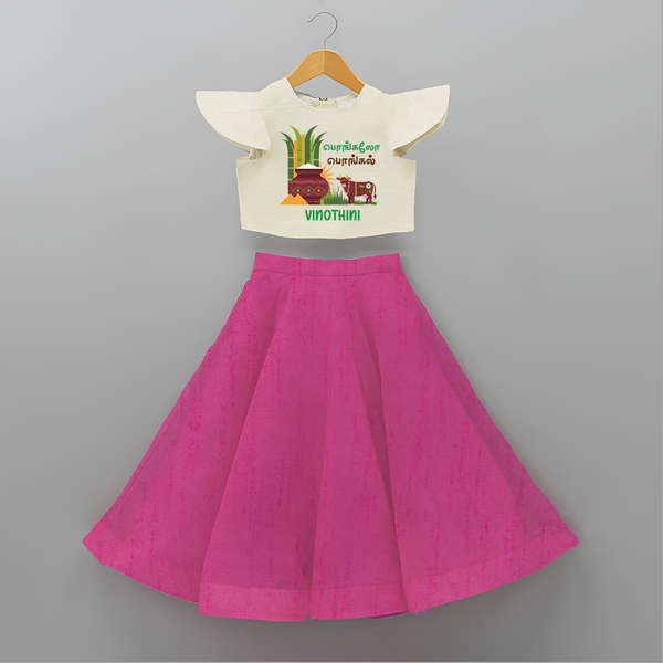 Pongalo Pongal - Moo and More Customized Crop Top And Skirt for Kids with Name - FUSCHIA - 6 - 9 Months Old (Chest 20" , Frock Waist 20")