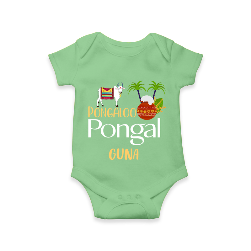 Pongalo Pongal - Mattu Pongal Delight Customized Romper for Babies with Name - GREEN - 0 - 3 Months Old (Chest 16")