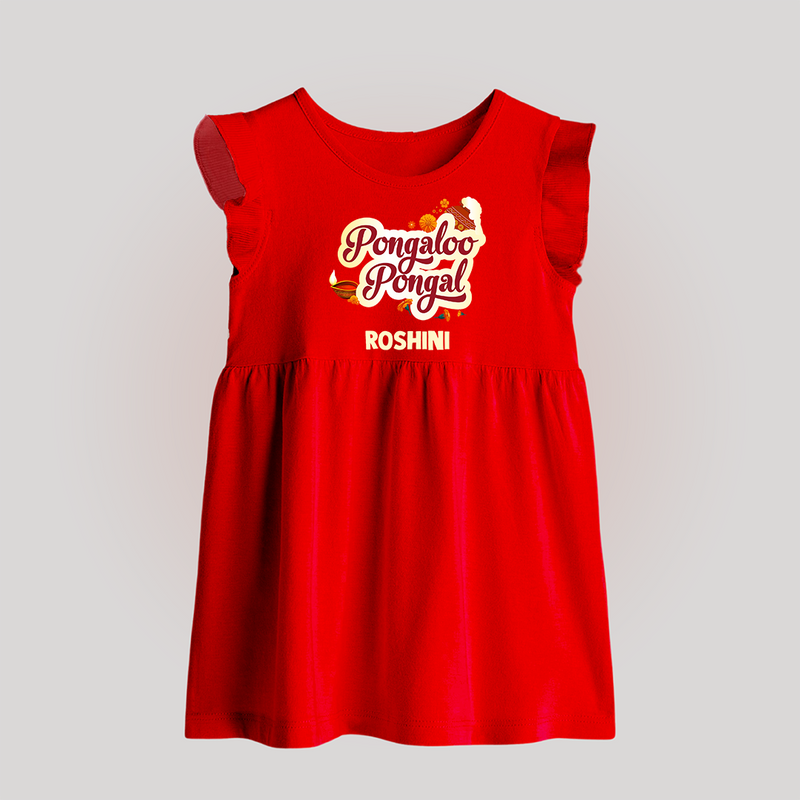 Pongalo Pongal - Festive Cow Themed Customized Baby Frock for Babies with Name - RED - 0 - 3 Months Old (Chest 17")