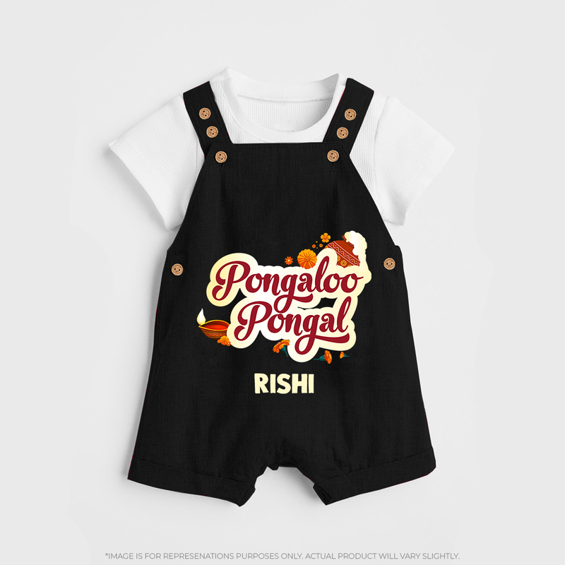 Pongalo Pongal - Festive Cow Themed Customized Dungaree Set for Kids with Name - BLACK - 0 - 5 Months Old (Chest 18")