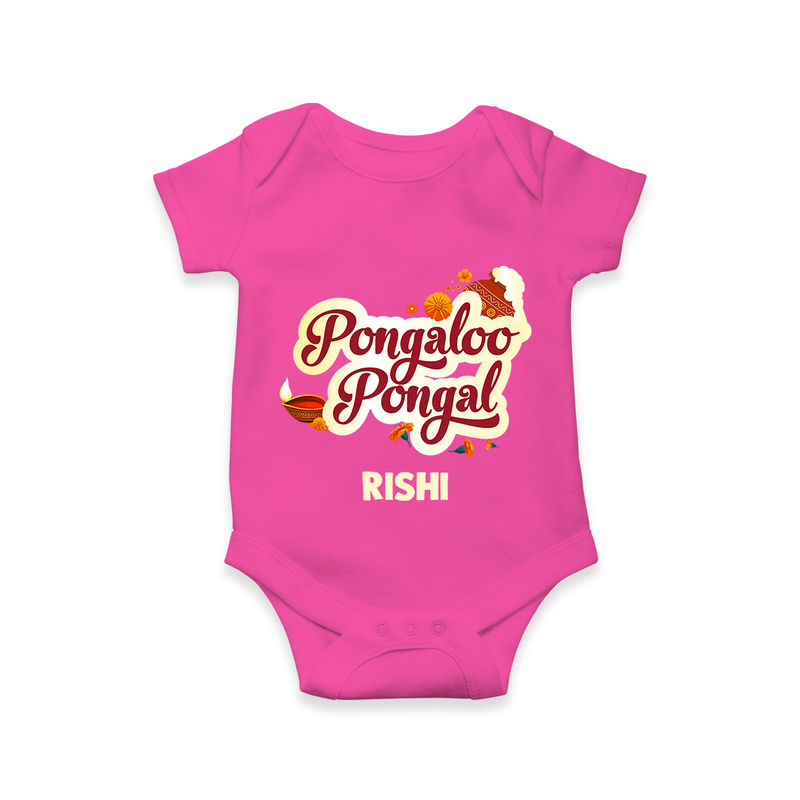 Pongalo Pongal - Festive Cow Themed Customized Romper for Babies with Name - HOT PINK - 0 - 3 Months Old (Chest 16")