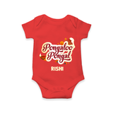 Pongalo Pongal - Festive Cow Themed Customized Romper for Babies with Name - RED - 0 - 3 Months Old (Chest 16")