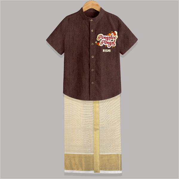 Pongalo Pongal - Festive Cow Themed Customized Shirt And Dhoti for Kids with Name - COFFEE BROWN - 0 - 6 Months Old (Chest-23") (Dhoti length-14")