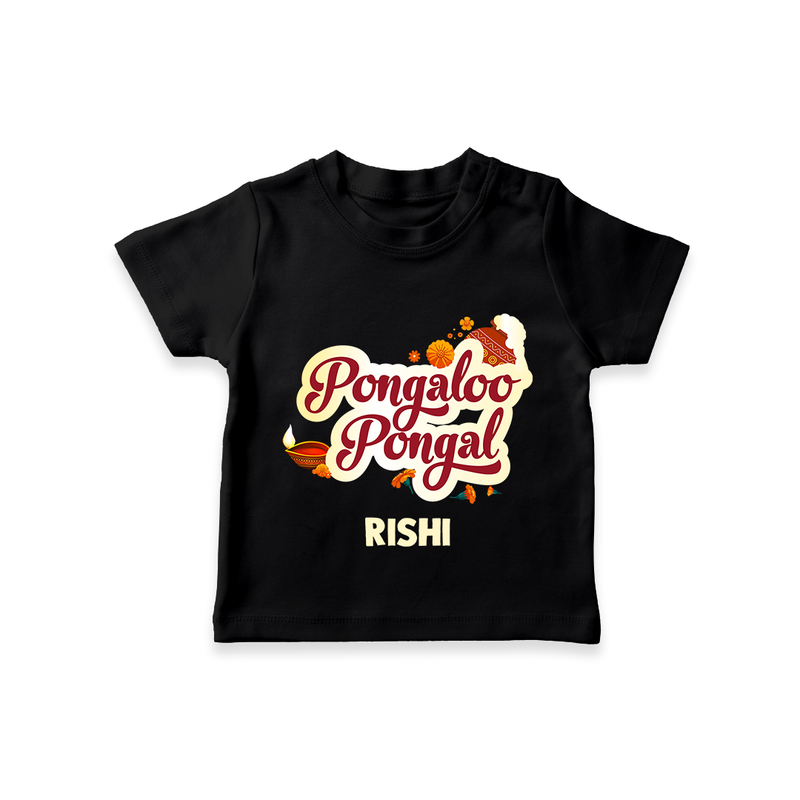 Pongalo Pongal - Festive Cow Themed Customized T-Shirt for Kids with Name - BLACK - 0-5 Months Old (Chest 17")