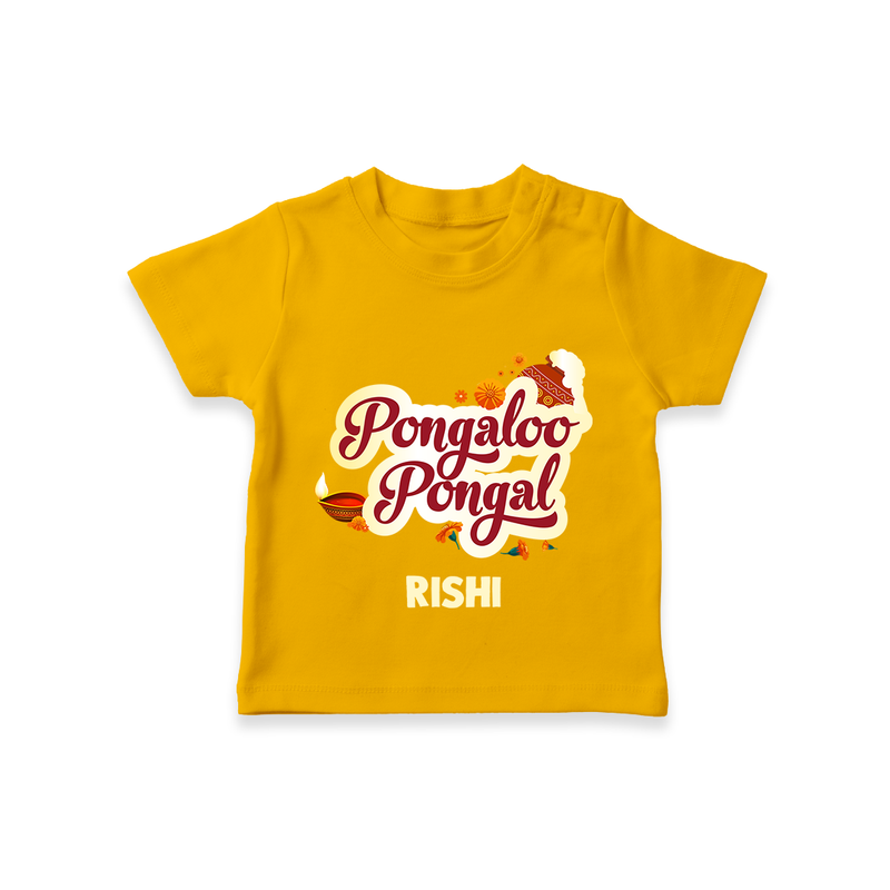 Pongalo Pongal - Festive Cow Themed Customized T-Shirt for Kids with Name - CHROME YELLOW - 0-5 Months Old (Chest 17")