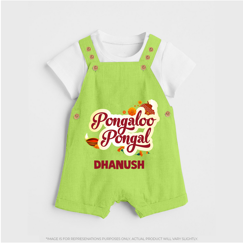 Pongalo Pongal - Festive Cow Themed Customized Dungaree Set for Kids with Name - GREEN - 0 - 5 Months Old (Chest 18")