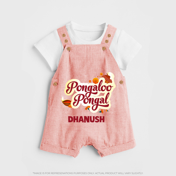 Pongalo Pongal - Festive Cow Themed Customized Dungaree Set for Kids with Name - PEACH - 0 - 5 Months Old (Chest 18")