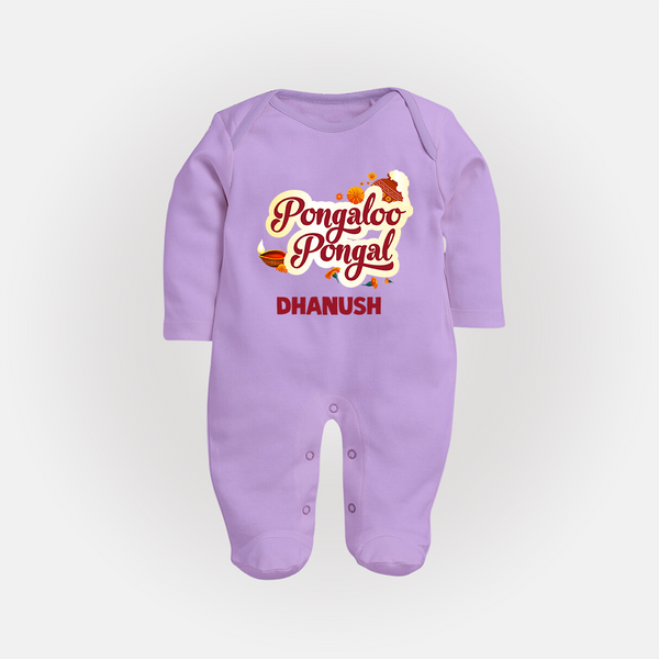 Pongalo Pongal - Festive Cow Themed Customized Sleep Suit for Babies with Name - LILAC - New Born (Chest 7.5")