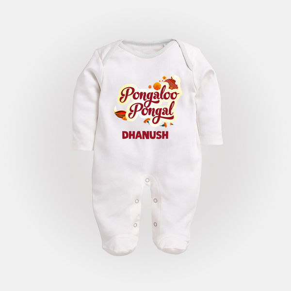 Pongalo Pongal - Festive Cow Themed Customized Sleep Suit for Babies with Name - WHITE - New Born (Chest 7.5")