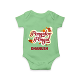 Pongalo Pongal - Festive Cow Themed Customized Romper for Babies with Name - GREEN - 0 - 3 Months Old (Chest 16")