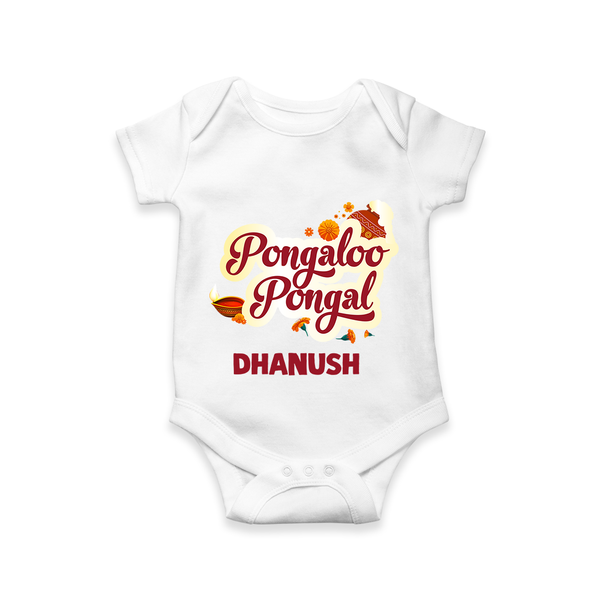 Pongalo Pongal - Festive Cow Themed Customized Romper for Babies with Name - WHITE - 0 - 3 Months Old (Chest 16")