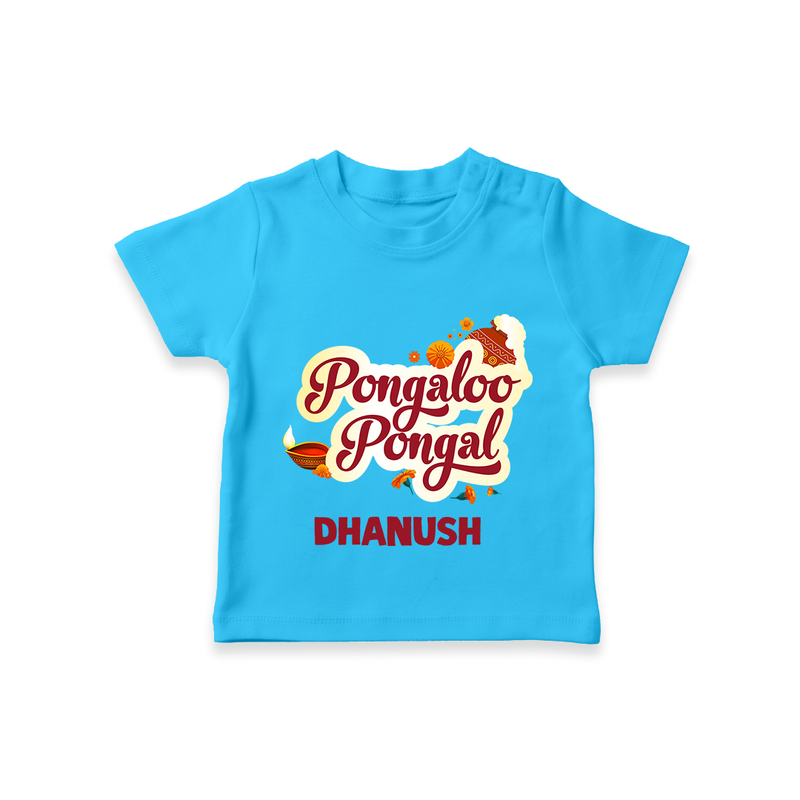 Pongalo Pongal - Festive Cow Themed Customized T-Shirt for Kids with Name - SKY BLUE - 0-5 Months Old (Chest 17")