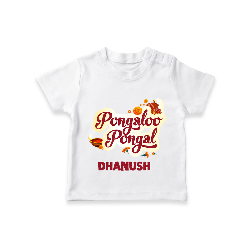 Pongalo Pongal - Festive Cow Themed Customized T-Shirt for Kids with Name - WHITE - 0-5 Months Old (Chest 17")