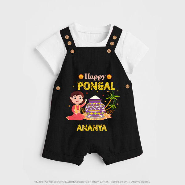 Happy Pongal - Heritage and Happiness Customized Dungaree Set for Kids with Name - BLACK - 0 - 5 Months Old (Chest 18")