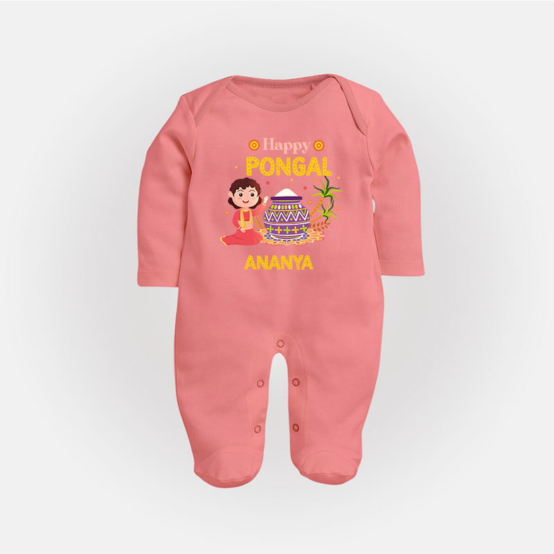 Happy Pongal - Heritage and Happiness Customized Sleep Suit for Babies with Name - PEACH - New Born (Chest 7.5")