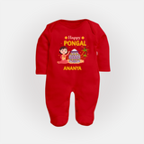 Happy Pongal - Heritage and Happiness Customized Sleep Suit for Babies with Name - RED - New Born (Chest 7.5")