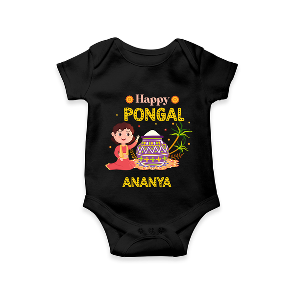 Happy Pongal - Heritage and Happiness Customized Romper for Babies with Name - BLACK - 0 - 3 Months Old (Chest 16")