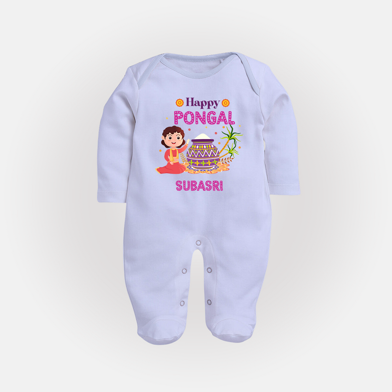 Happy Pongal - Heritage and Happiness Customized Sleep Suit for Babies with Name - BABY BLUE - New Born (Chest 7.5")