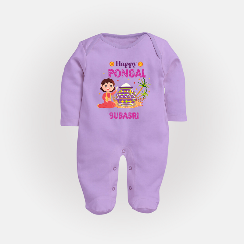 Happy Pongal - Heritage and Happiness Customized Sleep Suit for Babies with Name - LILAC - New Born (Chest 7.5")