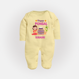 Happy Pongal - Heritage and Happiness Customized Sleep Suit for Babies with Name - PASTEL YELLOW - New Born (Chest 7.5")