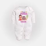 Happy Pongal - Heritage and Happiness Customized Sleep Suit for Babies with Name - WHITE - New Born (Chest 7.5")