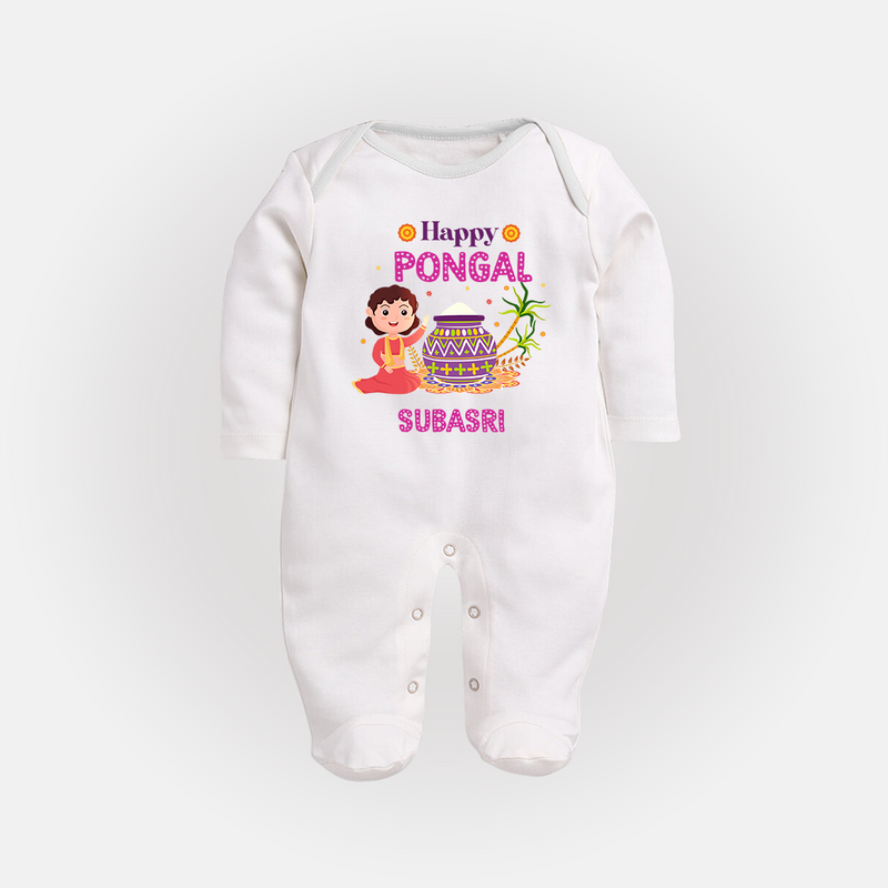 Happy Pongal - Heritage and Happiness Customized Sleep Suit for Babies with Name - WHITE - New Born (Chest 7.5")