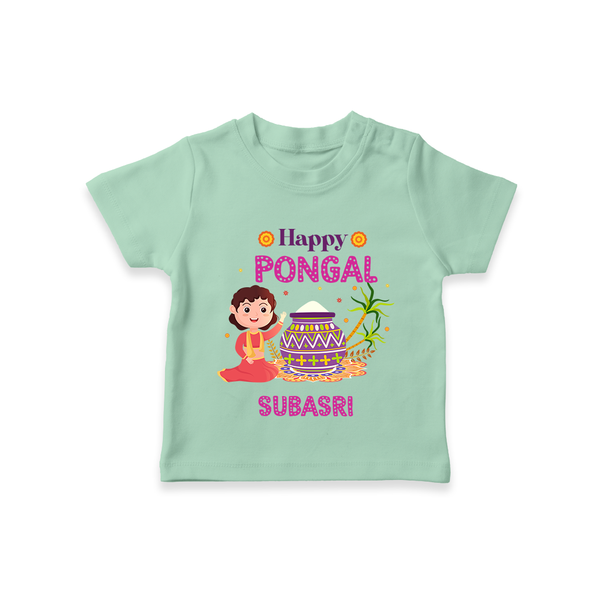 Happy Pongal - Heritage and Happiness Customized T-Shirt for Kids with Name - MINT GREEN - 0-5 Months Old (Chest 17")