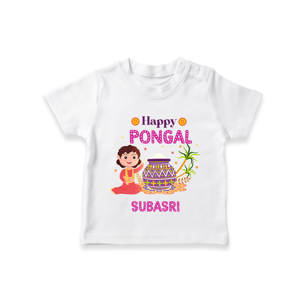 Happy Pongal - Heritage and Happiness Customized T-Shirt for Kids with Name - WHITE - 0-5 Months Old (Chest 17")