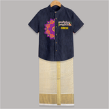 "Pongalo Pongal - Trendy Raw Silk Shirt And Dhoti for a Memorable Harvest Festival" - DARK BLUE - 0 - 6 Months Old (Chest-23") (Dhoti length-14")