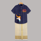 Happy Pongal Kids Shirt & Dhoti – Festive Bull Face Design with Custom Name - DARK BLUE - 0 - 6 Months Old (Chest-23") (Dhoti length-14")