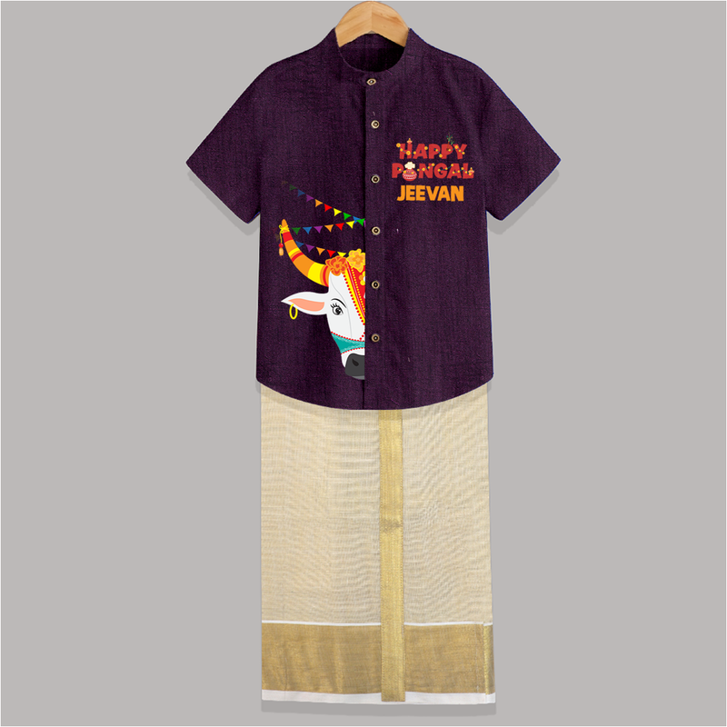 "Celebrate Pongal in Style - Festive Raw Silk Shirt And Dhoti for All Ages" - GRAPE - 0 - 6 Months Old (Chest-23") (Dhoti length-14")