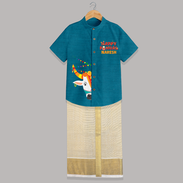 Happy Pongal Kids Shirt & Dhoti – Festive Bull Face Design with Custom Name - PEACOCK BLUE - 0 - 6 Months Old (Chest-23") (Dhoti length-14")