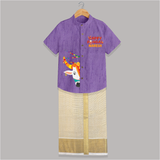 Happy Pongal Kids Shirt & Dhoti – Festive Bull Face Design with Custom Name - ROYAL PURPLE - 0 - 6 Months Old (Chest-23") (Dhoti length-14")