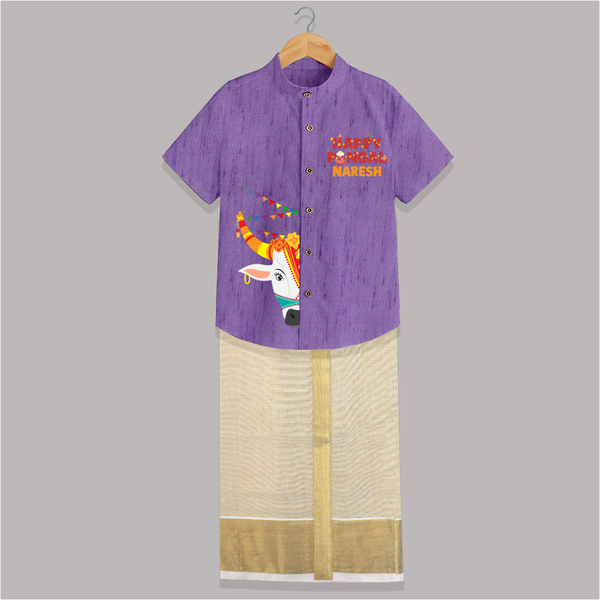Happy Pongal Kids Shirt & Dhoti – Festive Bull Face Design with Custom Name - ROYAL PURPLE - 0 - 6 Months Old (Chest-23") (Dhoti length-14")