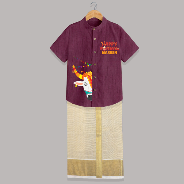 Happy Pongal Kids Shirt & Dhoti – Festive Bull Face Design with Custom Name - WINE - 0 - 6 Months Old (Chest-23") (Dhoti length-14")